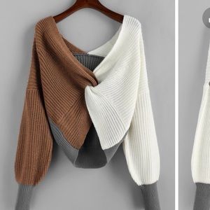Plunge color block twist sweater